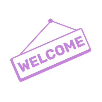 An illustration of a hanging welcome sign in light purple and white