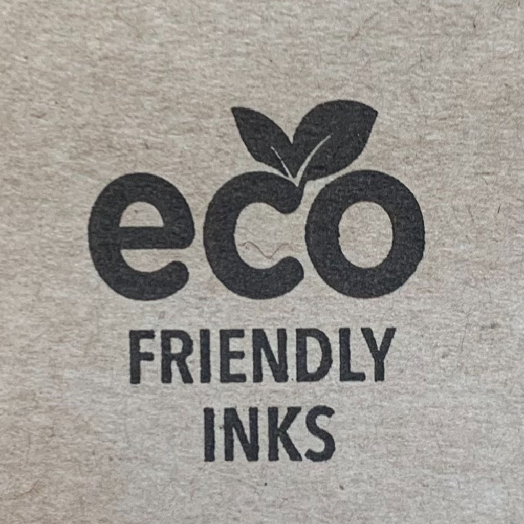 a stamp on brown recyclable packaging which says "eco friendly inks"
