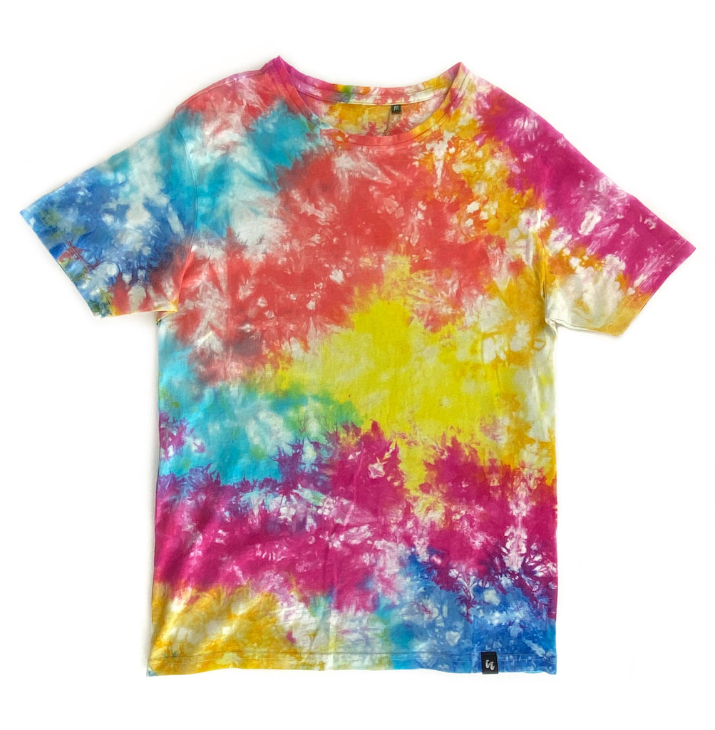 100% Organic Cotton Hand dyed Tie dye style T-shirt front view