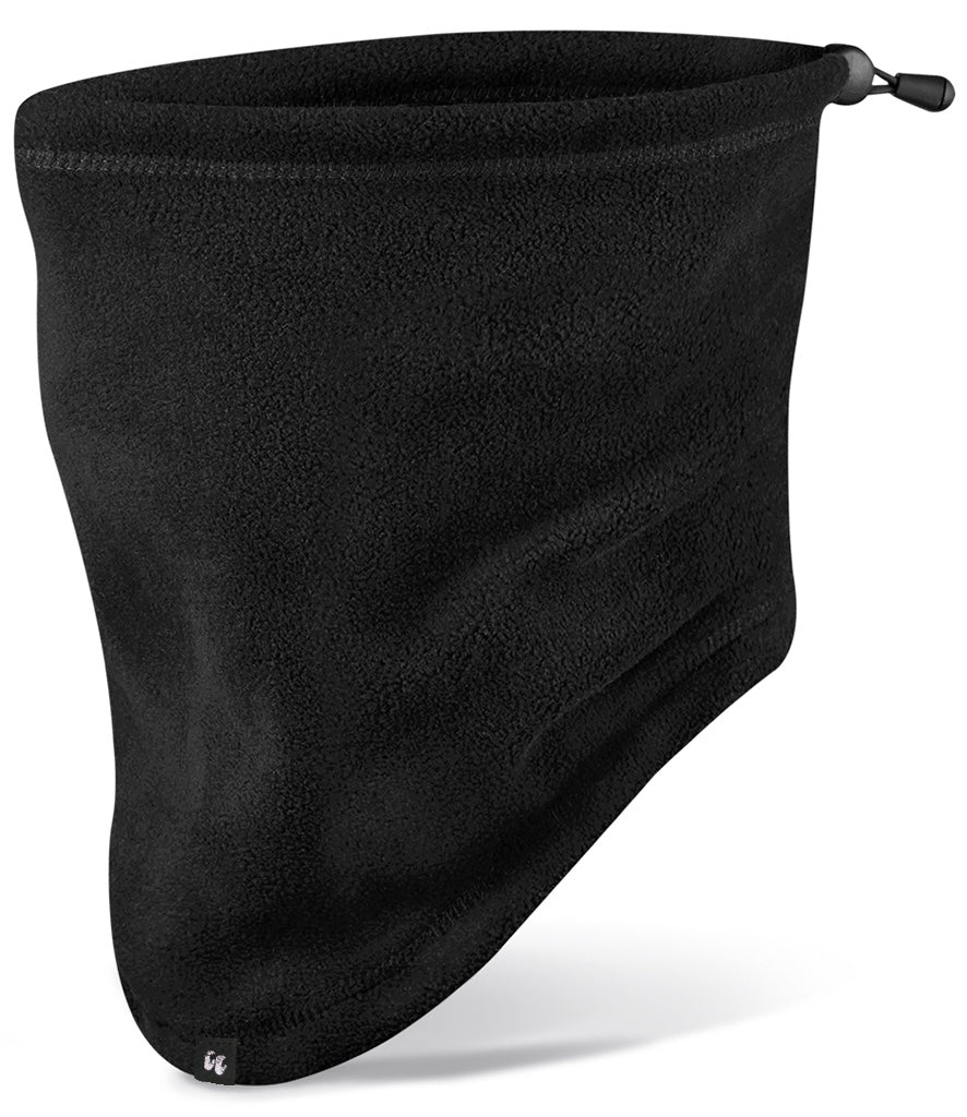 A recycled fleece snood neck warmer in black with an adjustable toggle on the back