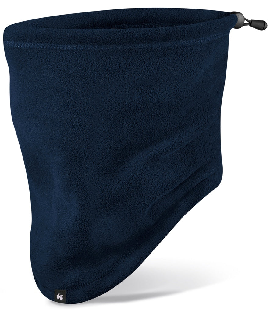A recycled fleece snood neck warmer in french navy blue with an adjustable toggle on the back