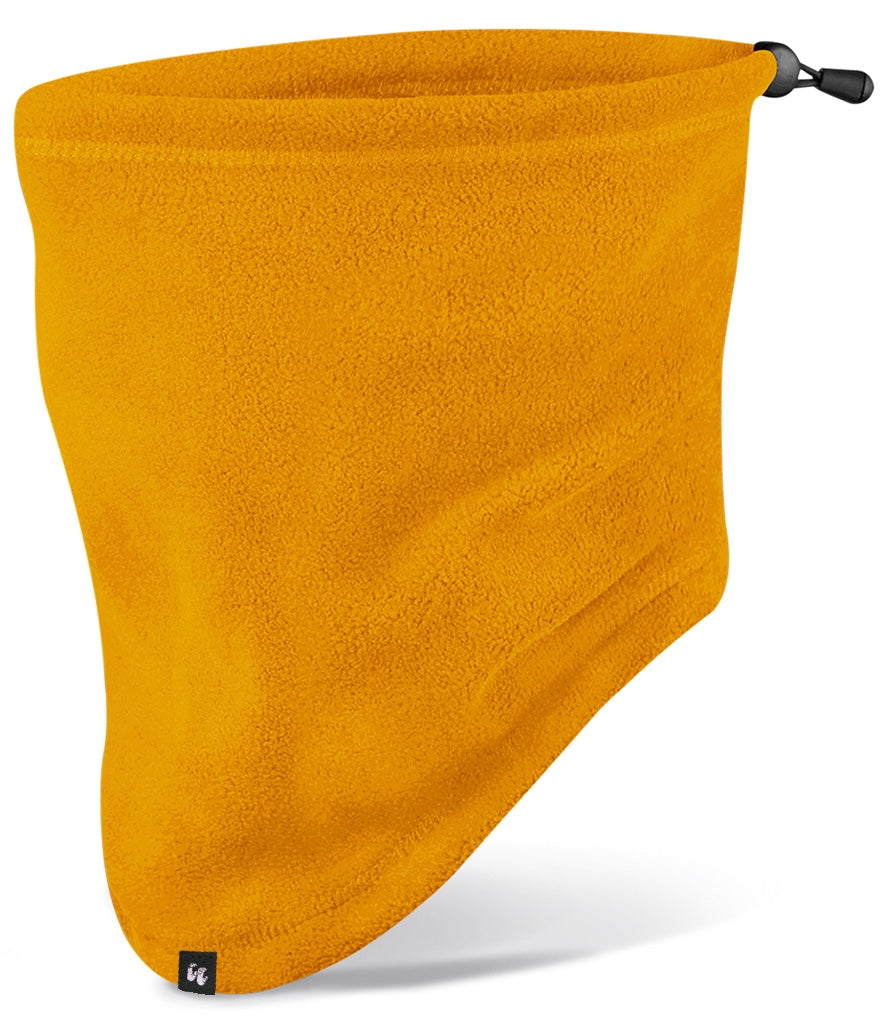 A recycled fleece snood neck warmer in mustard yellow with an adjustable toggle on the back
