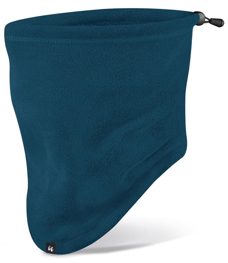 A recycled fleece snood neck warmer in petrol blue with an adjustable toggle on the back
