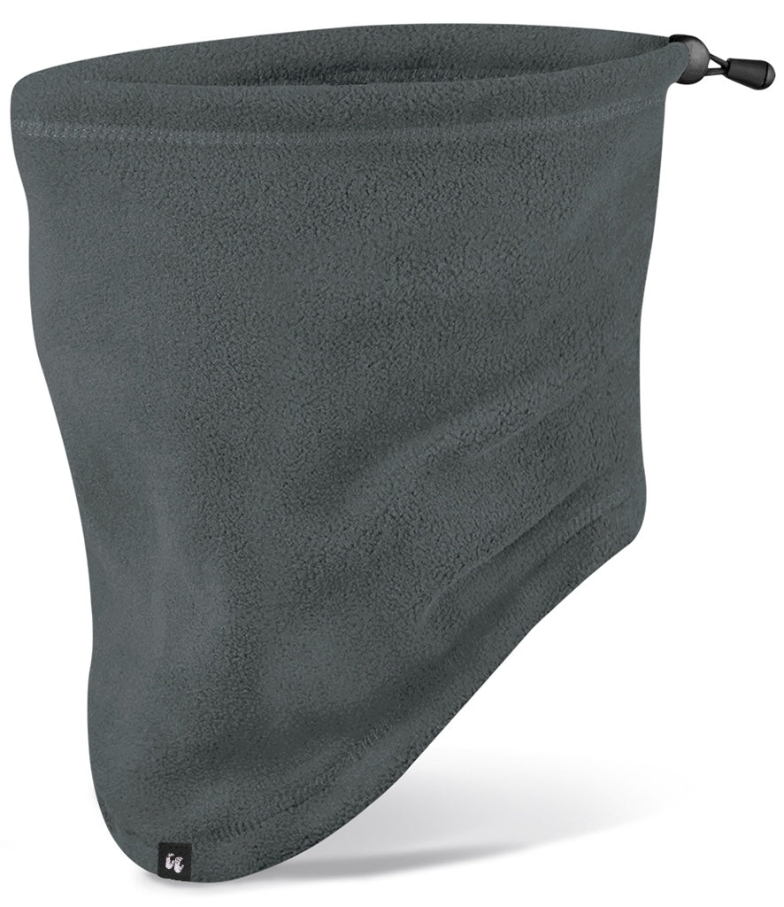 A recycled fleece snood neck warmer in grey with an adjustable toggle on the back