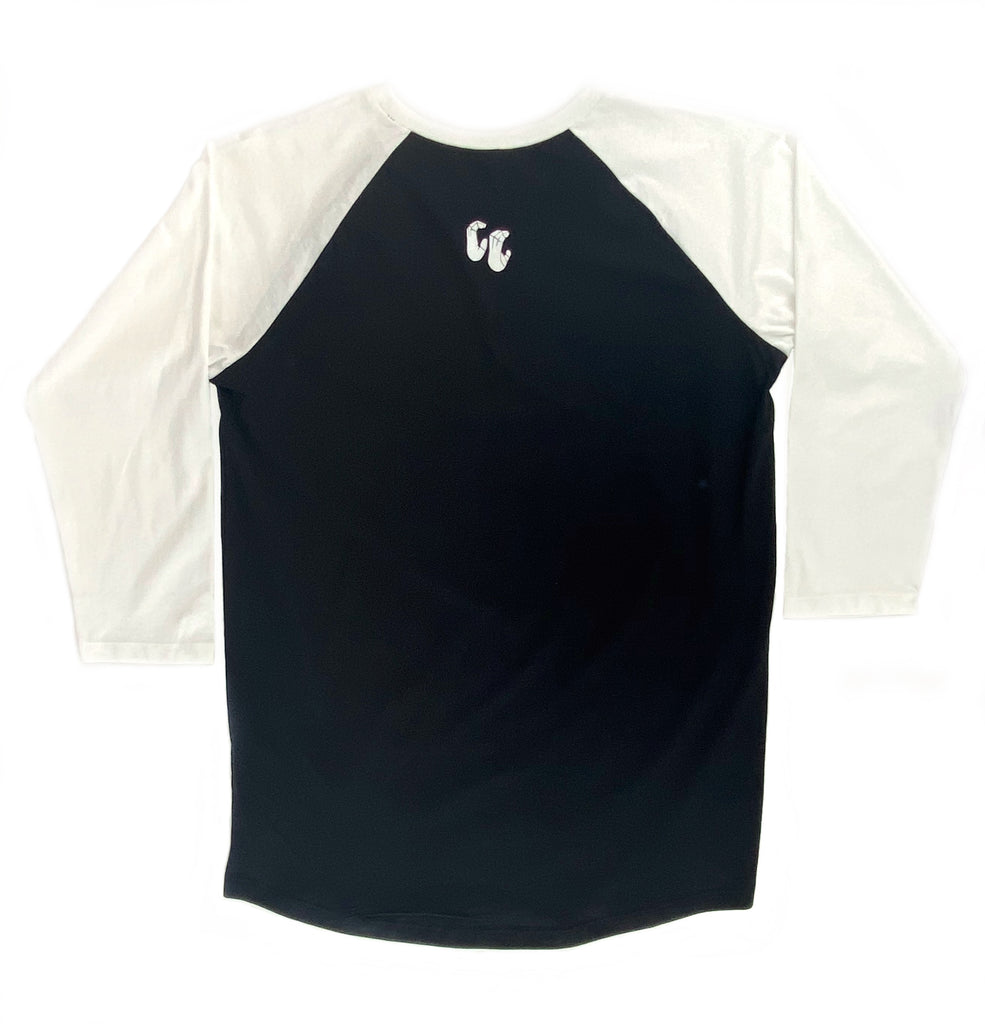100% organic cotton 3/4 length contrast sleeve baseball T-shirt black body with white sleeves back view