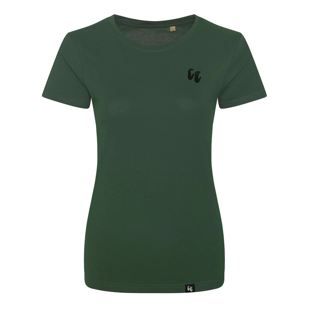 Women's 100% organic cotton bottle green t-shirt with chest logo