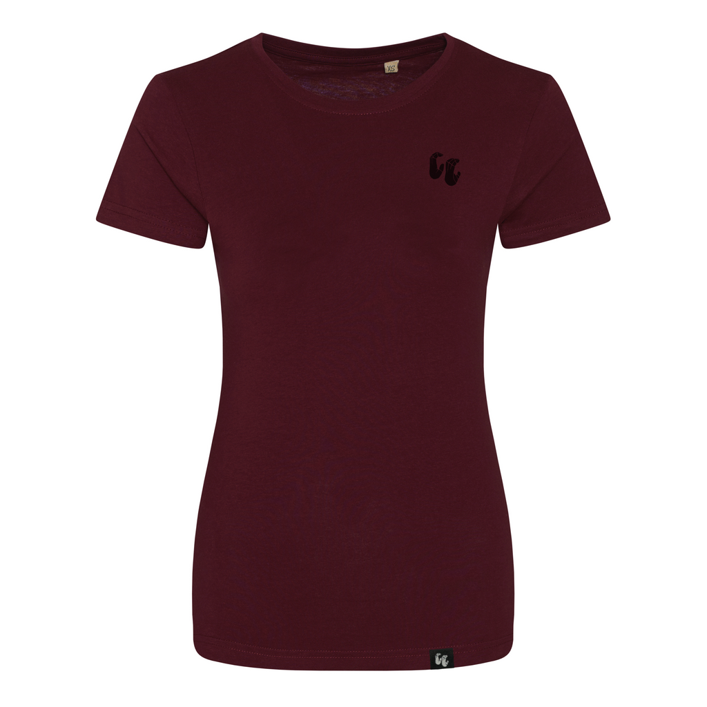 Women's 100% organic cotton burgundy t-shirt with chest logo