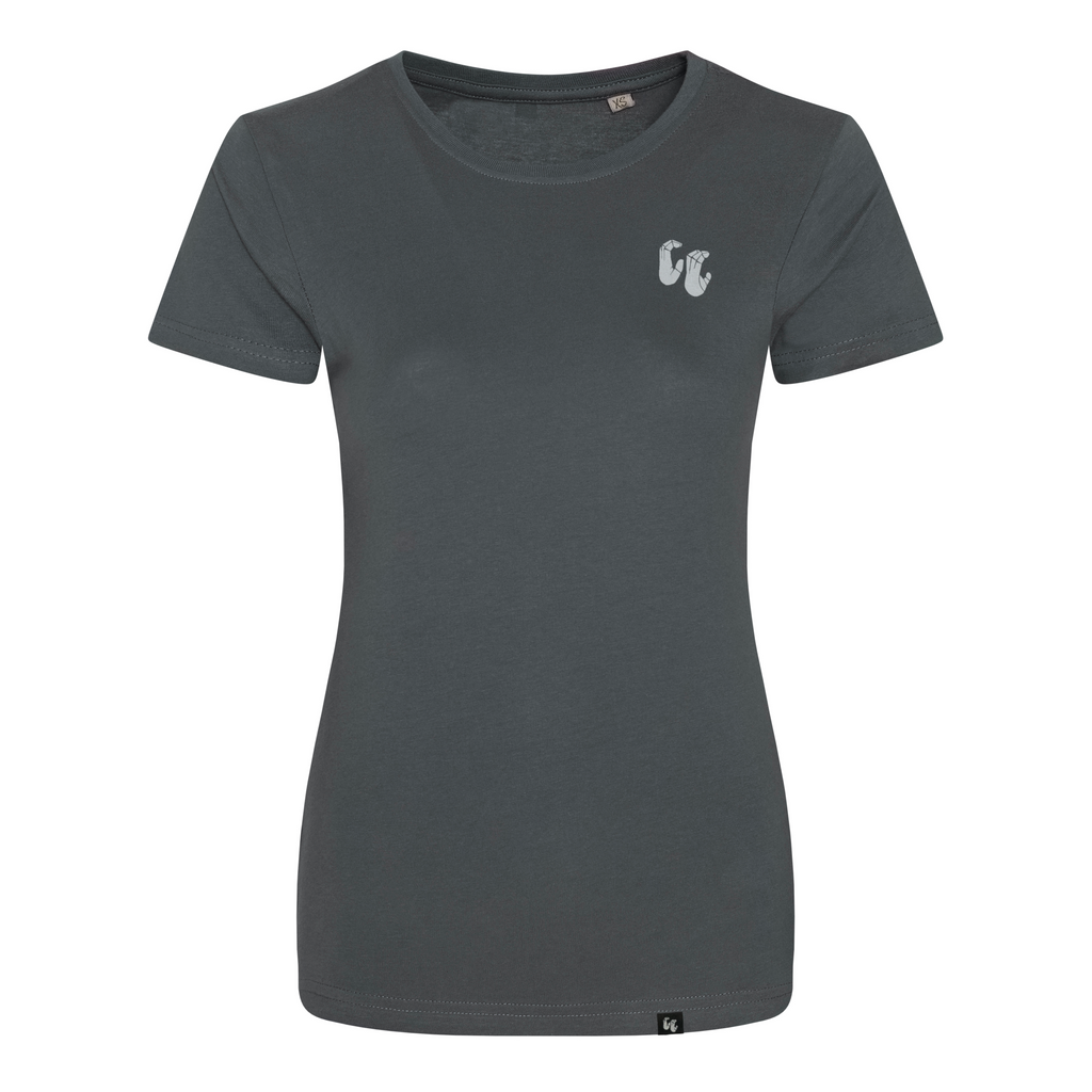 Women's 100% organic cotton charcoal t-shirt with chest logo
