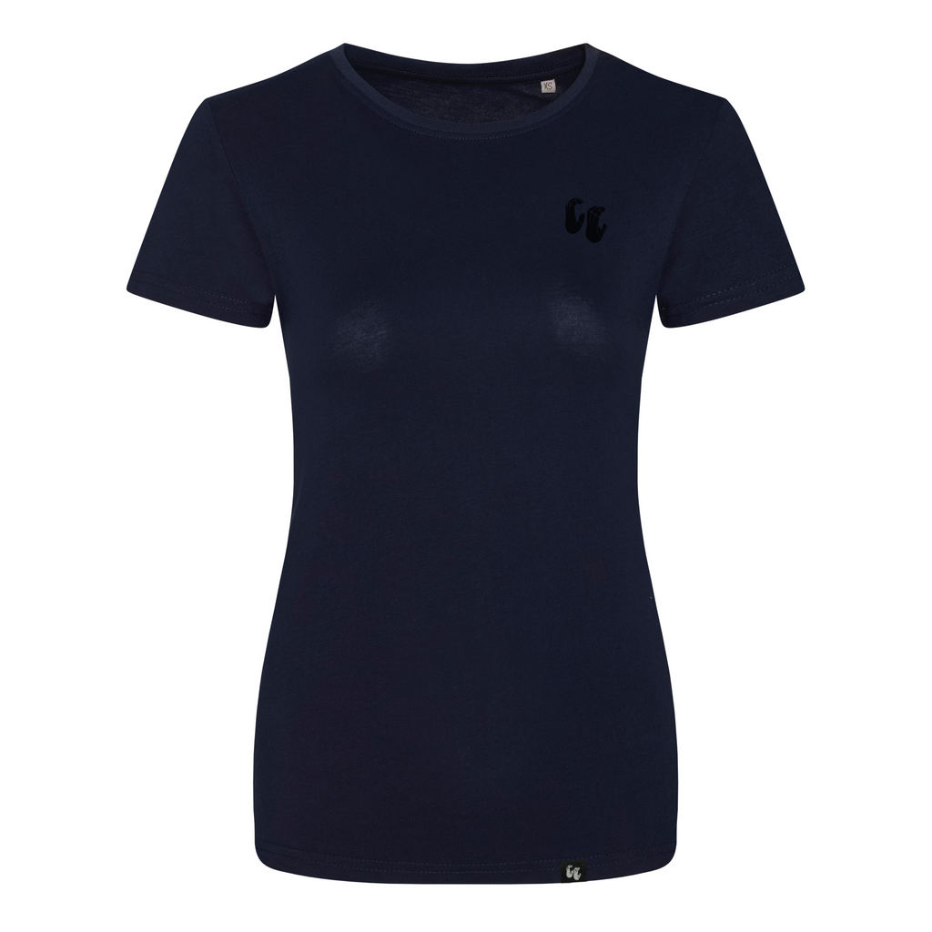 Women's 100% organic cotton navy blue t-shirt with chest logo