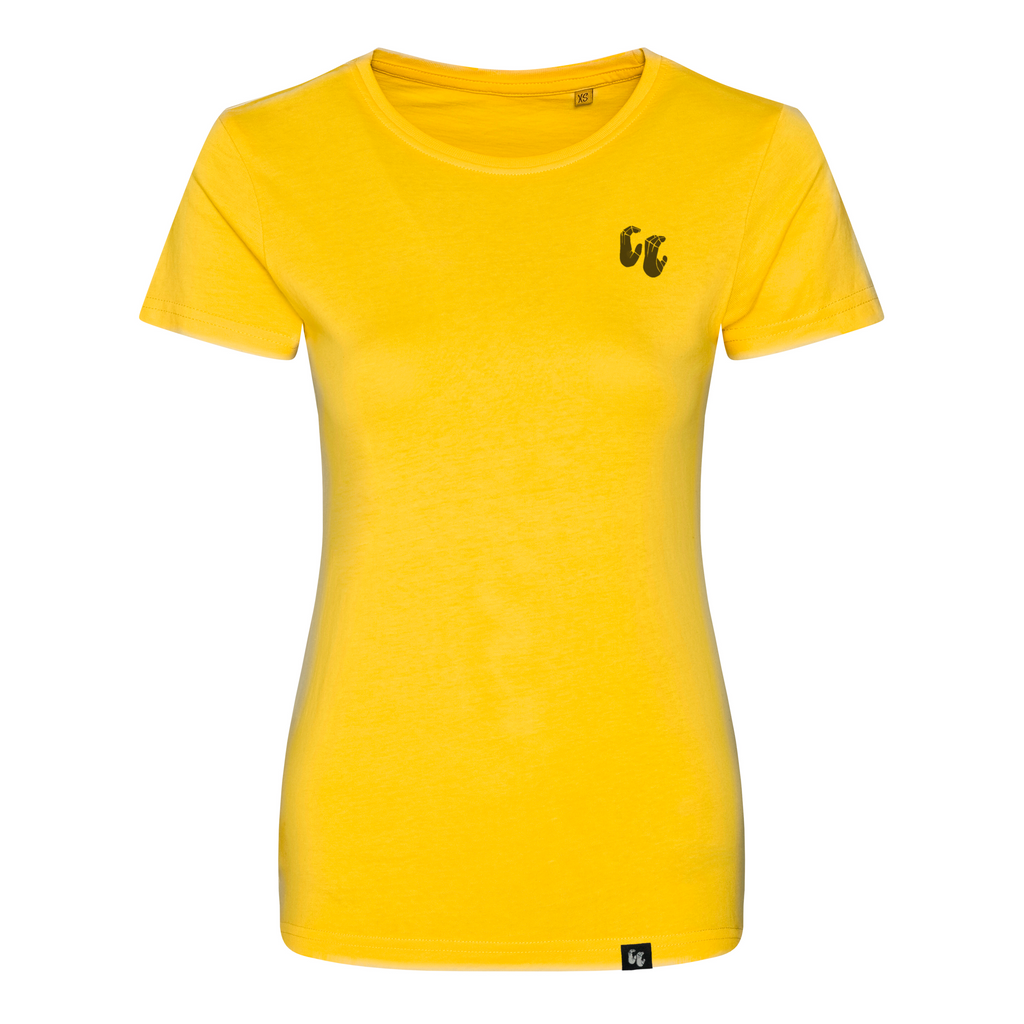 Women's 100% organic cotton yellow t-shirt with chest logo