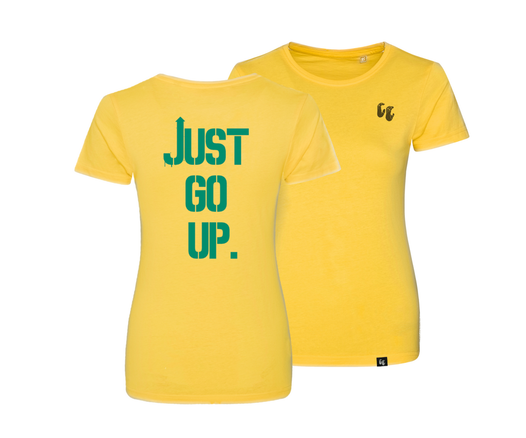 Women's 100% organic cotton yellow t-shirt with chest logo and back design