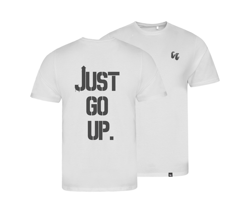 Men's 100% organic cotton white t-shirt with chest logo and back design says 'just go up'