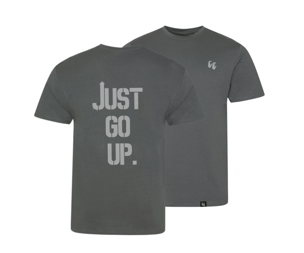 Men's 100% organic cotton charcoal t-shirt with chest logo and print on the back says 'just go up'