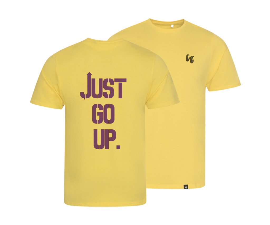Men's 100% organic cotton yellow t-shirt with chest logo and words on the back say 'just go up'