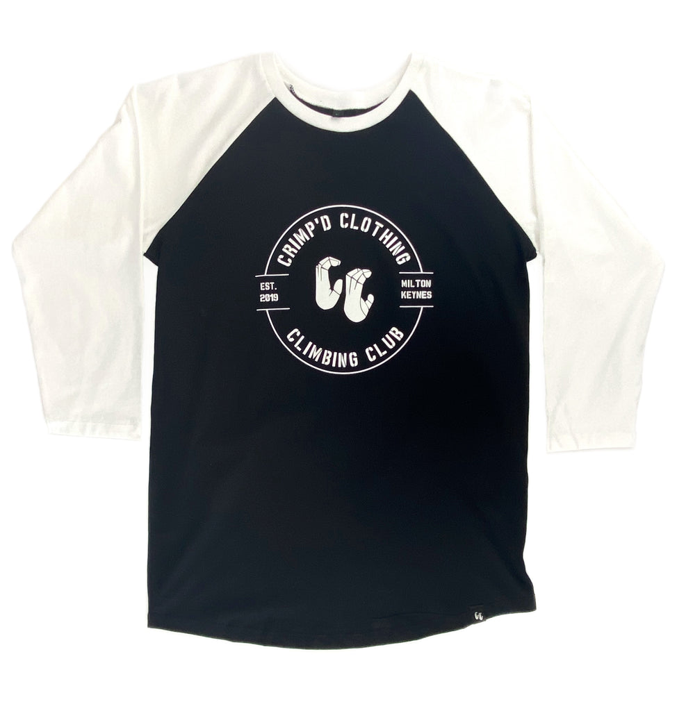 100% organic cotton 3/4 length contrast sleeve baseball T-shirt black body with white sleeves Front view
