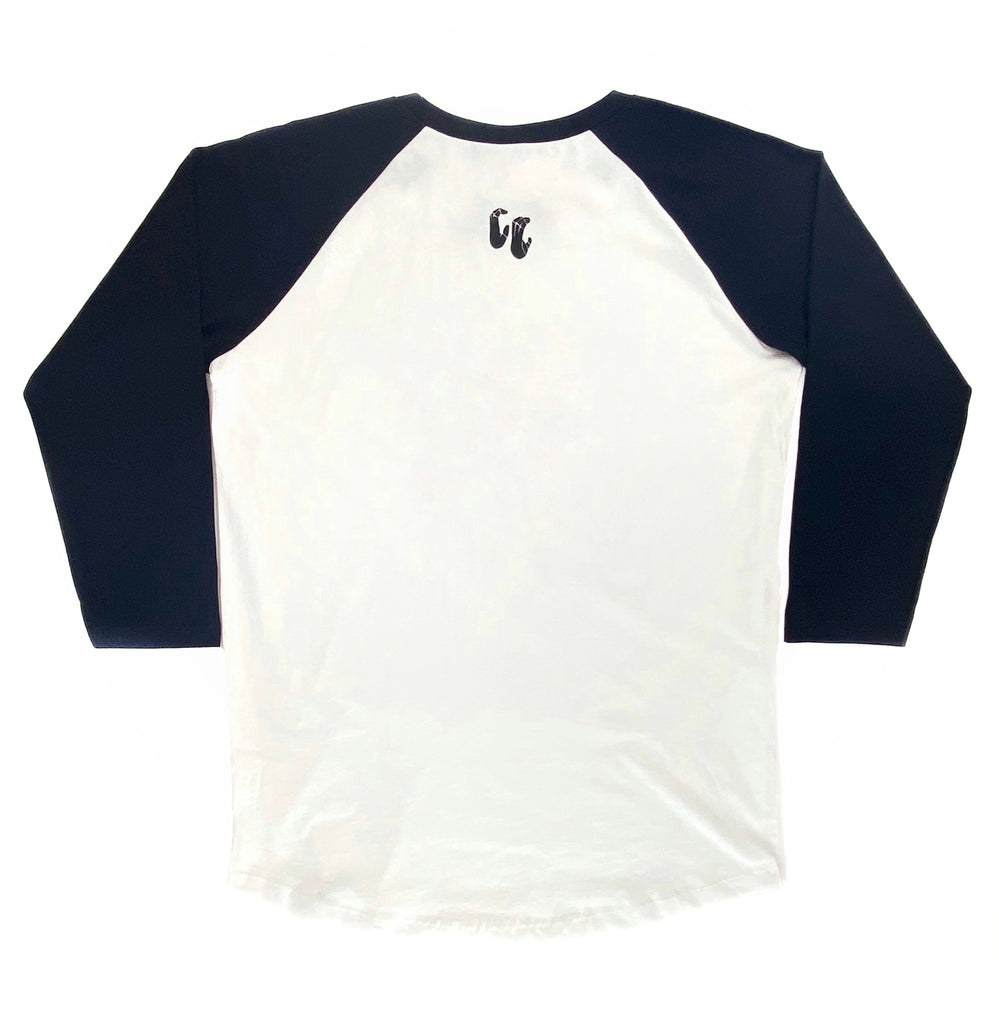 100% organic cotton 3/4 length contrast sleeve baseball T-shirt white body with navy sleeves back view