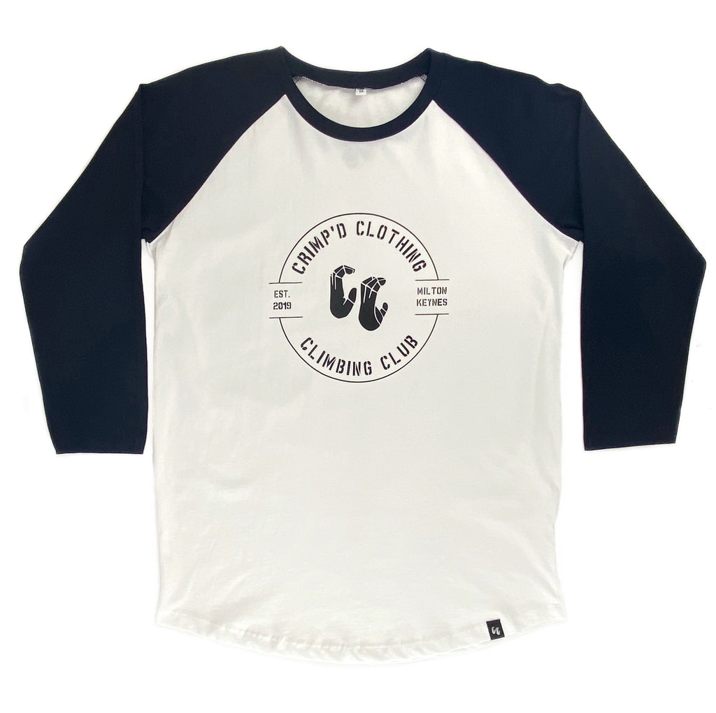 100% organic cotton 3/4 length contrast sleeve baseball T-shirt white body with navy sleeves front view