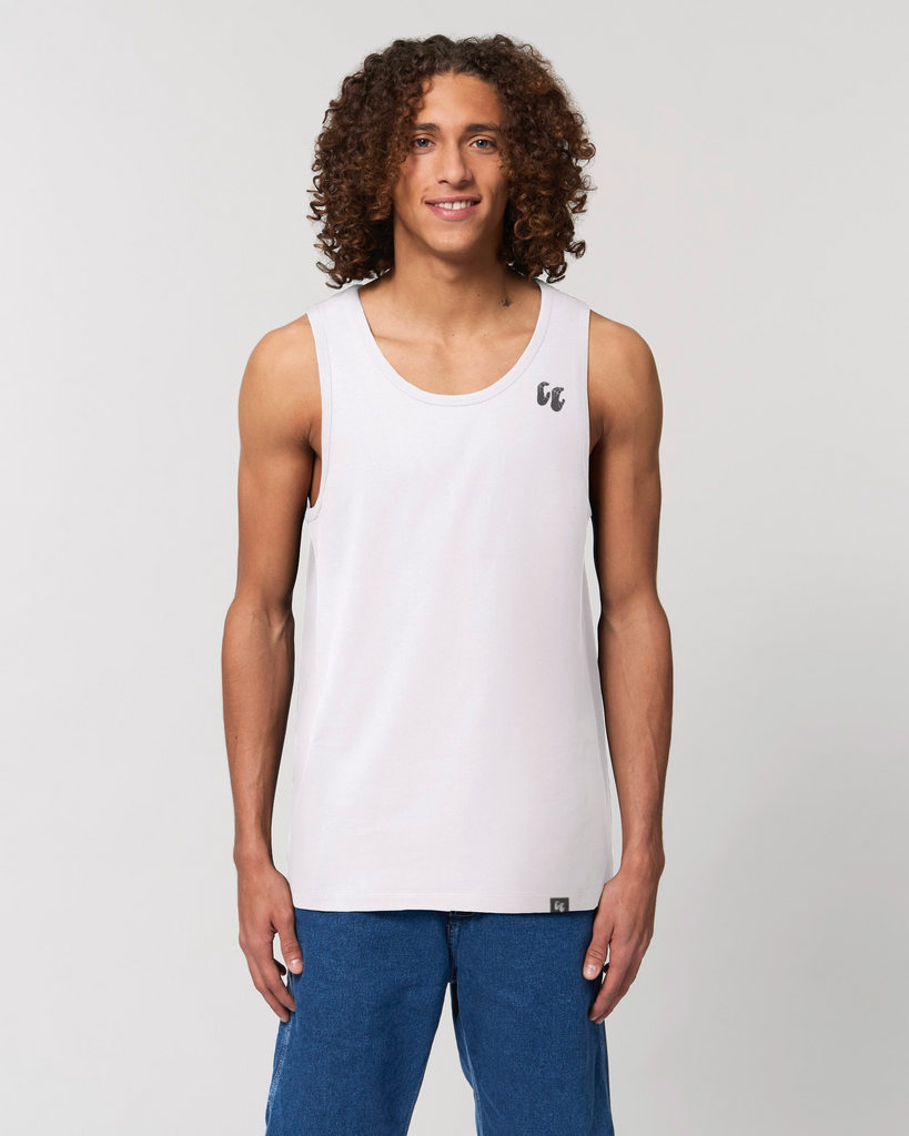 Model wearing Men's 100% Organic Cotton Tank Tops Classic Edition in white