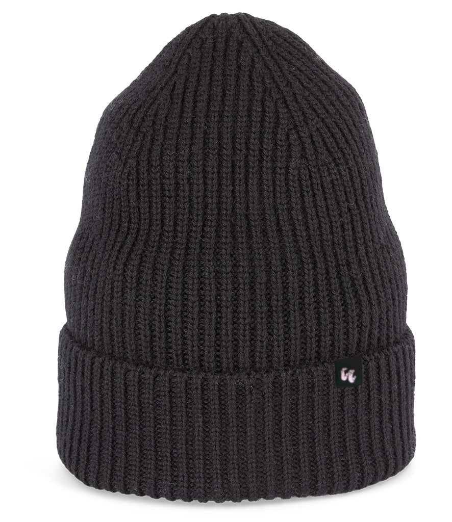 A black beanie with chunky, fisherman-style ribbed knit. It has a black fabric label with a white logo stitched to the cuff
