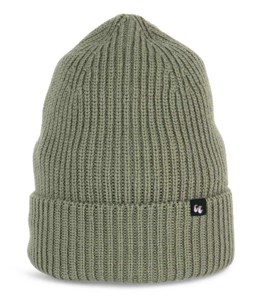 An olive green beanie with chunky, fisherman-style ribbed knit. It has a black fabric label with a white logo stitched to the cuff