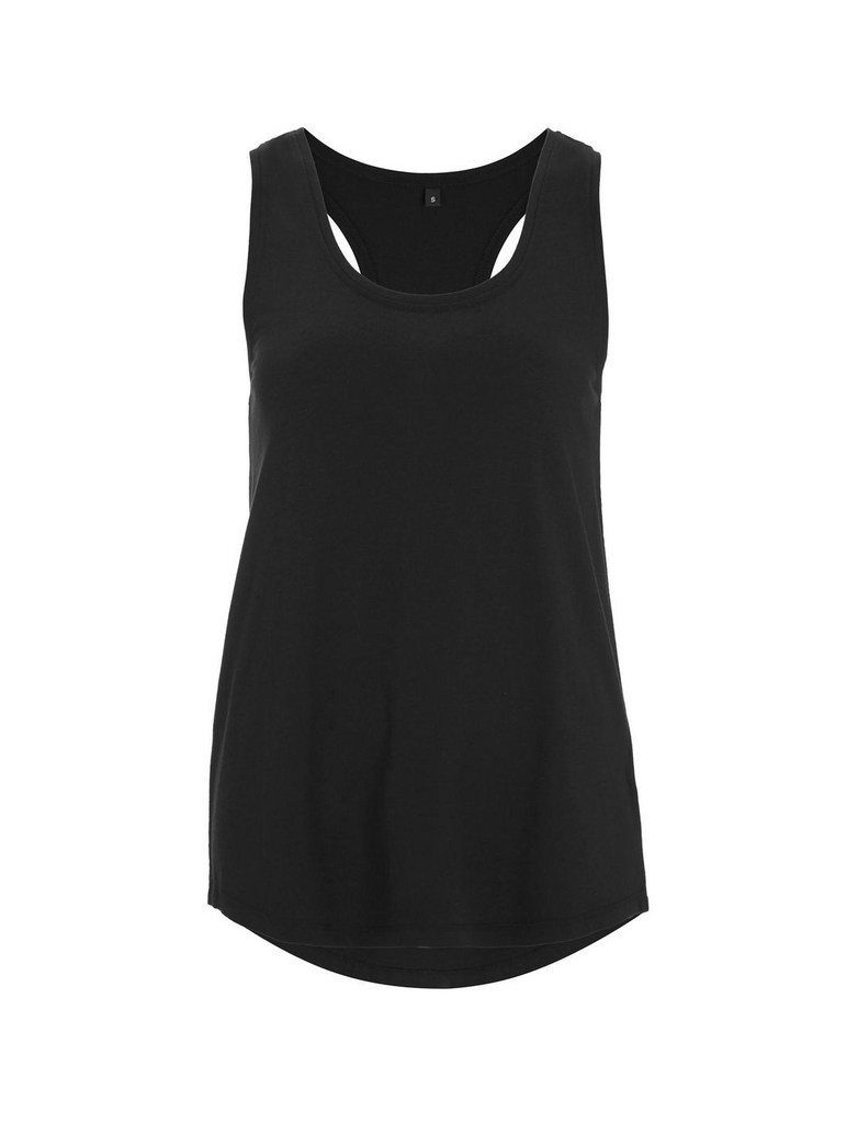 The front of a black racer back vest made from 70% Bamboo viscose and 30% organic cotton