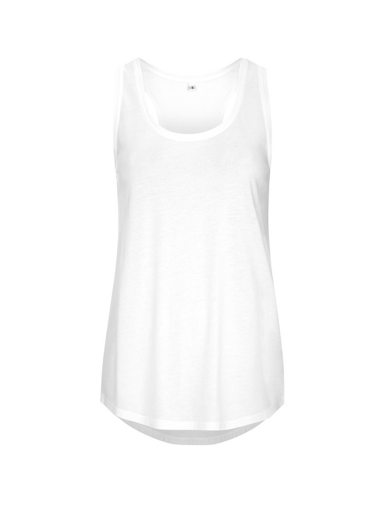 Front of a white racer back vest made from 70% Bamboo viscose and 30% organic cotton