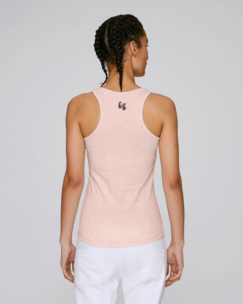 The back view of a woman wearing an organic cotton racer back tank top in heather pink with a small black logo on the back at the top