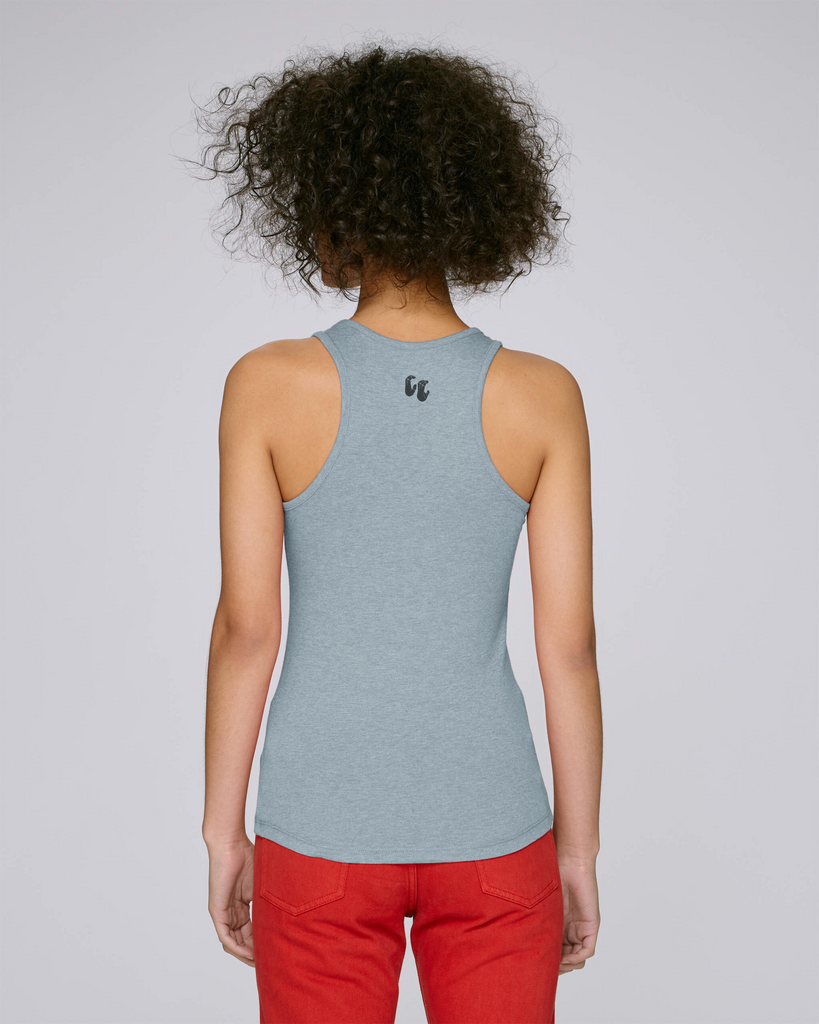 The back view of a woman wearing an organic cotton racer back tank top in heather ice blue with a small black logo on the back at the top