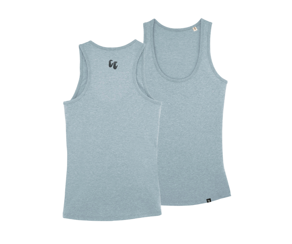 A women's organic cotton racer back tank top in ice heather blue. The top has a small black logo on the back at the top
