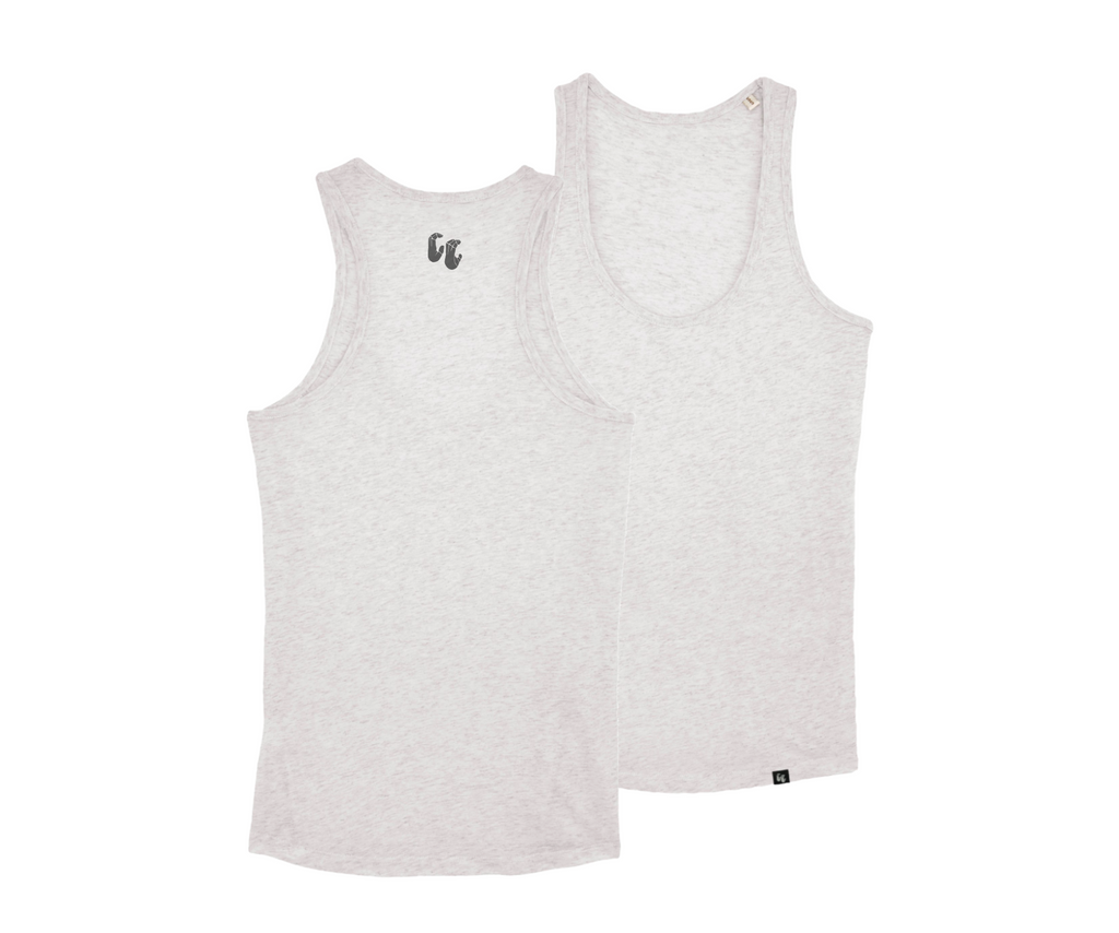 A women's organic cotton racer back tank top in green heather grey. The top has a small black logo on the back at the top