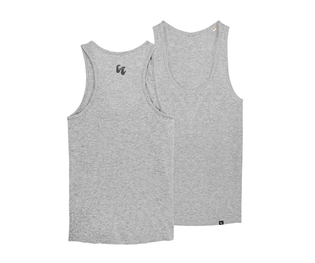 A women's organic cotton racer back tank top in heather grey. The top has a small black logo on the back at the top