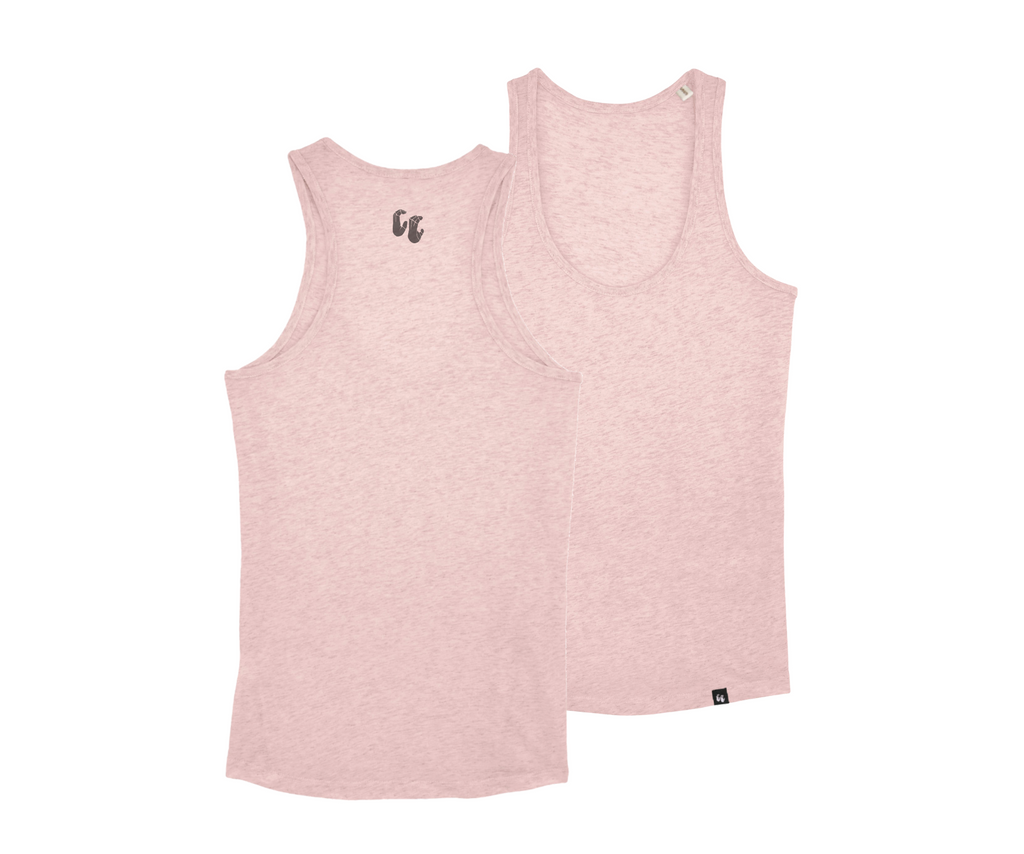 A women's organic cotton racer back tank top in cream heather pink. The top has a small black logo on the back at the top