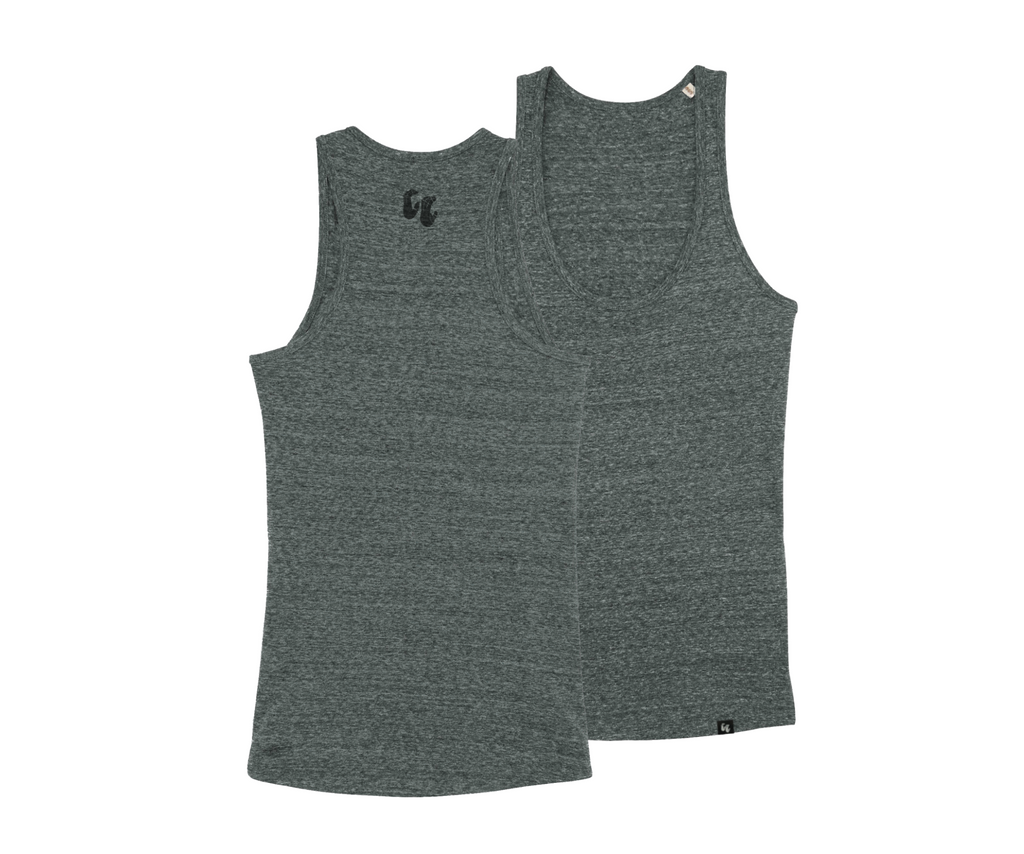 A women's organic cotton racer back tank top in slub heather steel. The top has a small black logo on the back at the top