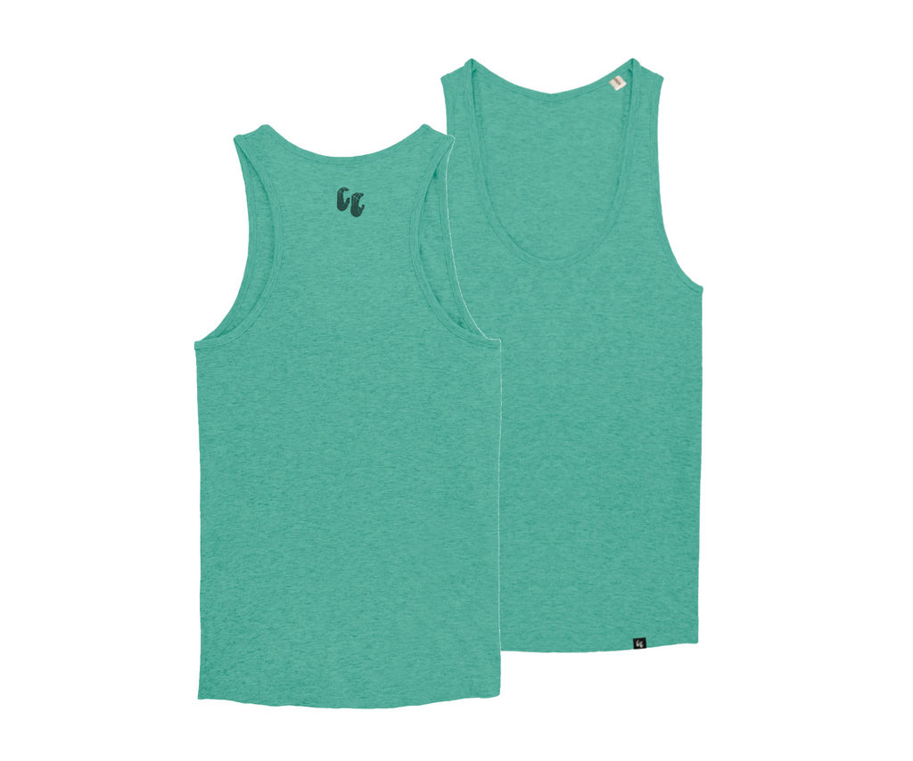 A women's organic cotton racer back tank top in mid heather green. The top has a small black logo on the back at the top