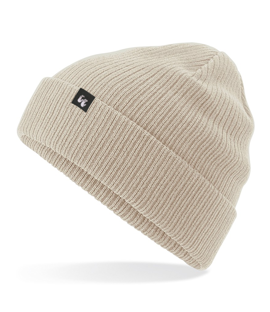 double layer knit cuffed 100% organic cotton beanie in sand side