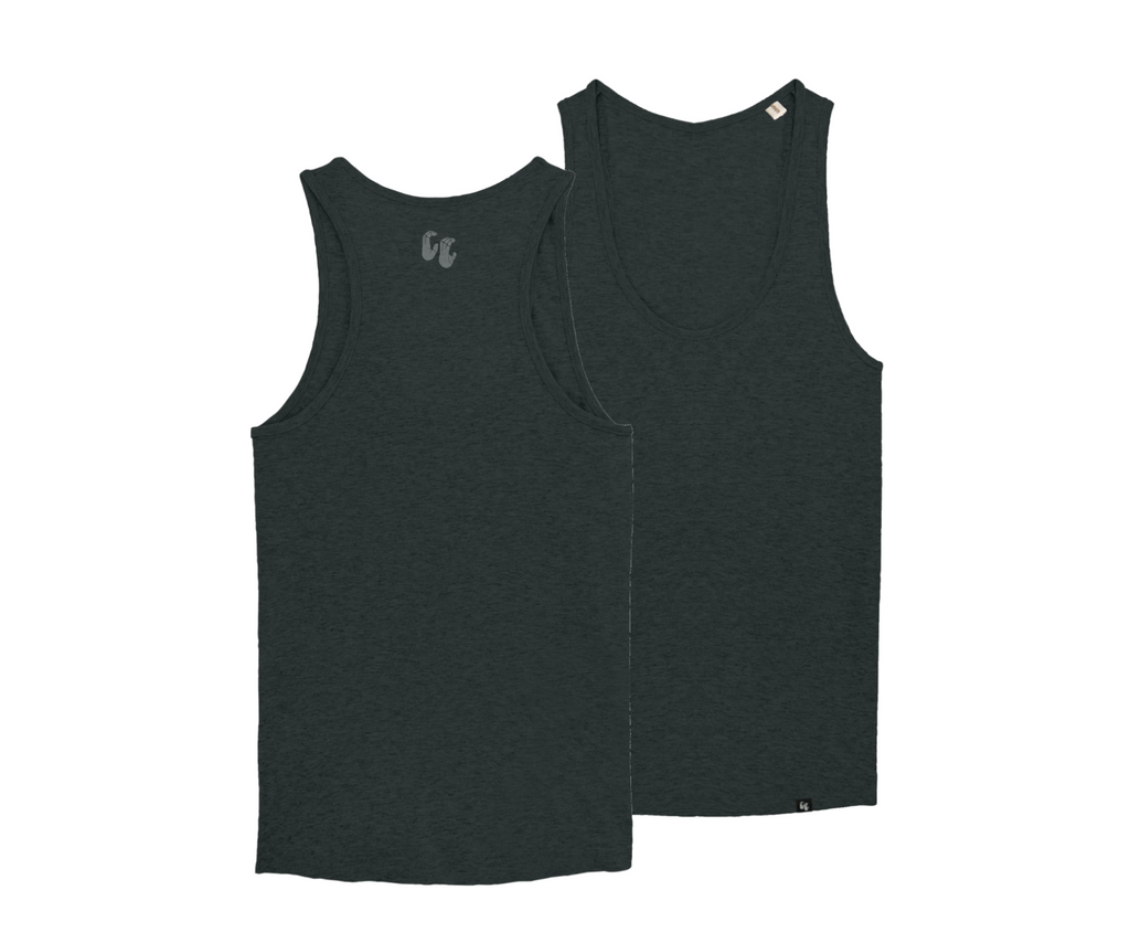 A women's organic cotton racer back tank top in black heather grey. The top has a small black logo on the back at the top