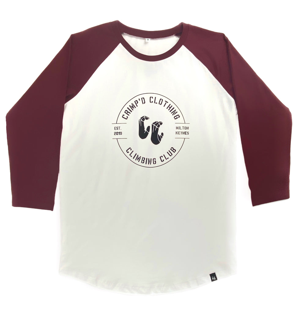 100% organic cotton 3/4 length contrast sleeve baseball T-shirt white body with burgundy sleeves front view