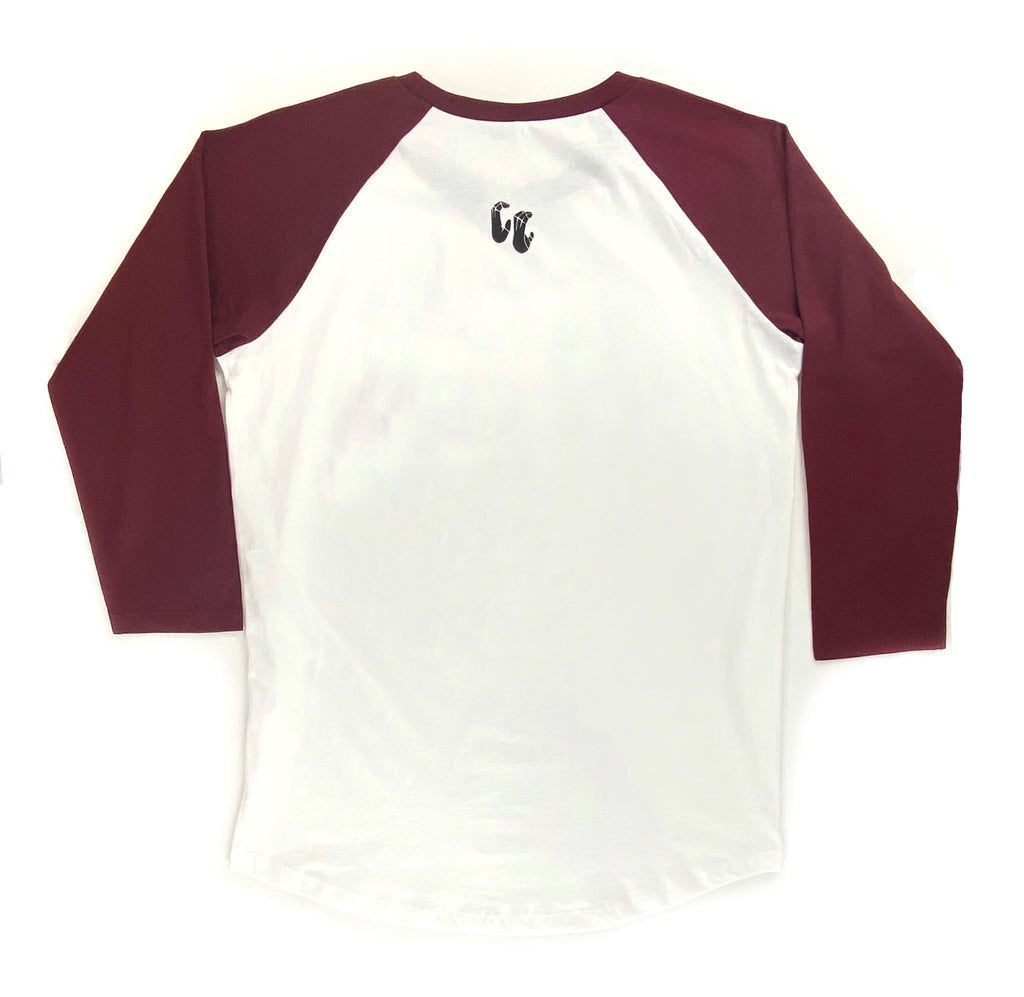 100% organic cotton 3/4 length contrast sleeve baseball T-shirt white body with burgundy sleeves back view