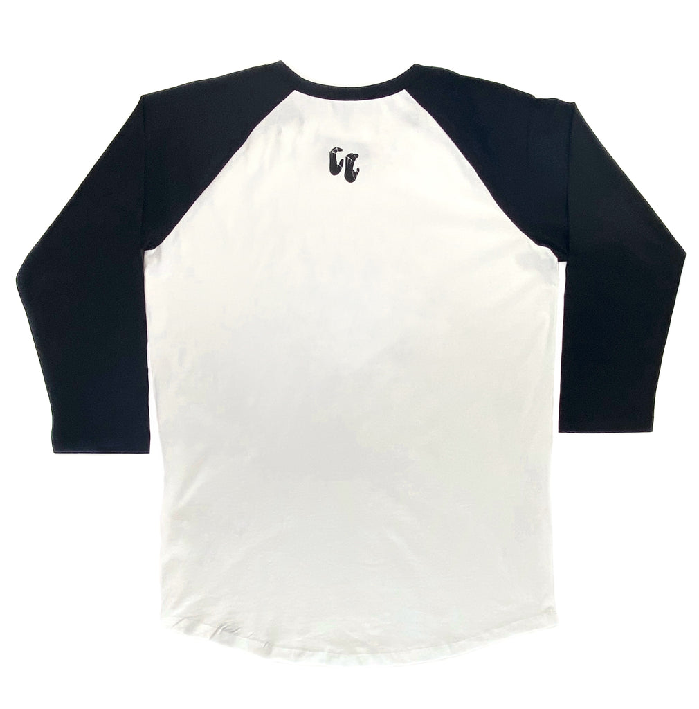 100% organic cotton 3/4 length contrast sleeve baseball T-shirt white body with black sleeves back view