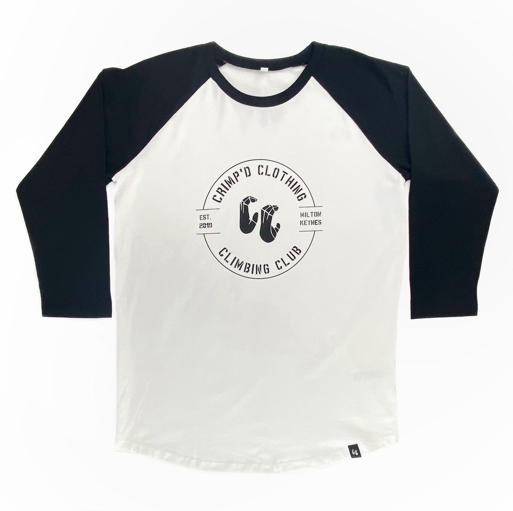 100% organic cotton 3/4 length contrast sleeve baseball T-shirt white body with black sleeves front  view
