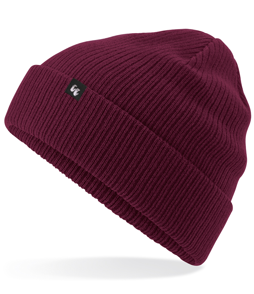 Side view of double layer knit cuffed 100% organic cotton beanie in burgundy