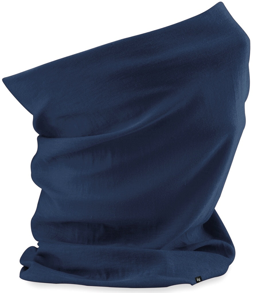 Side view of a French Navy Blue neck gaiter with small fabric tag stitched to the right hand side at the bottom