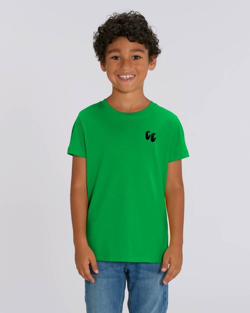 A boy wearing an organic cotton t-shirt in fresh green, with a printed black left chest logo