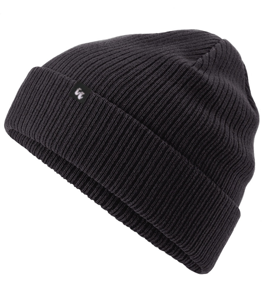 Side view of double layer knit cuffed 100% organic cotton beanie in dark graphite grey