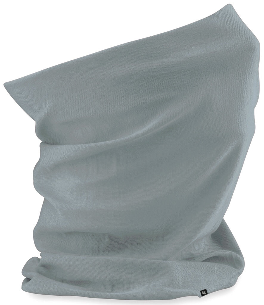 Side view of a pure grey neck gaiter with small fabric tag stitched to the right hand side at the bottom