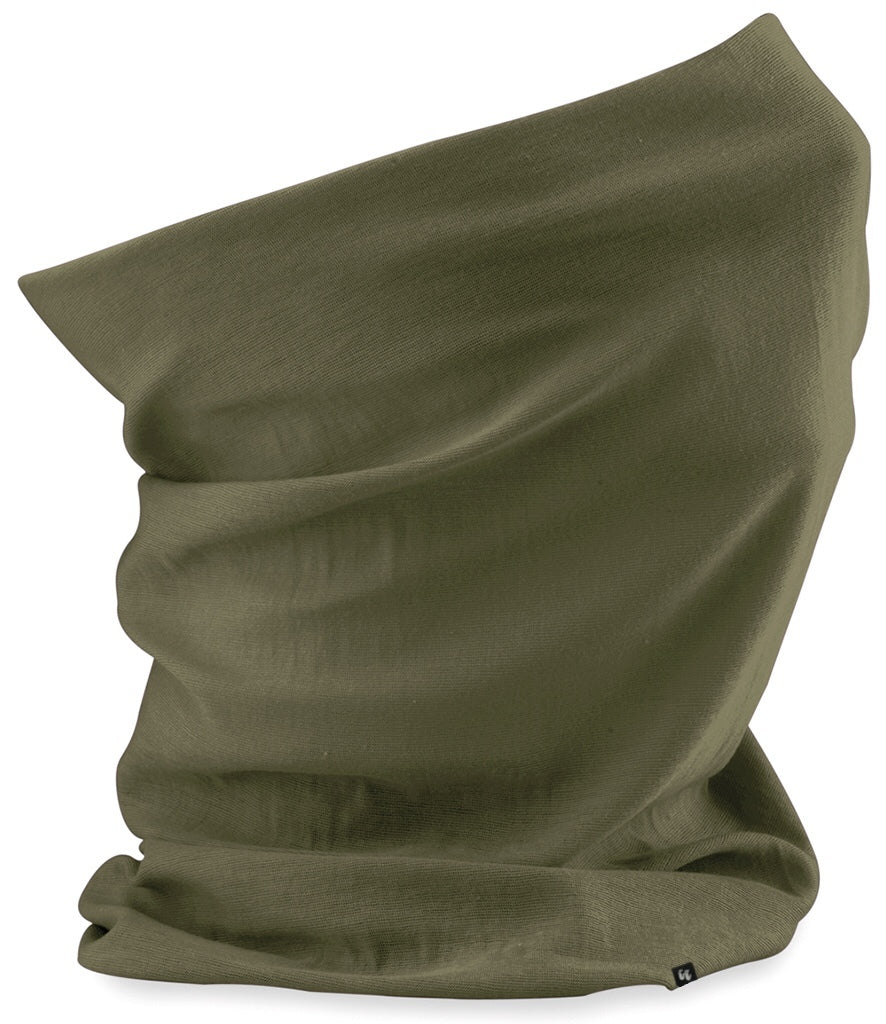 Side view of a Military Green neck gaiter with small fabric tag stitched to the right hand side at the bottom