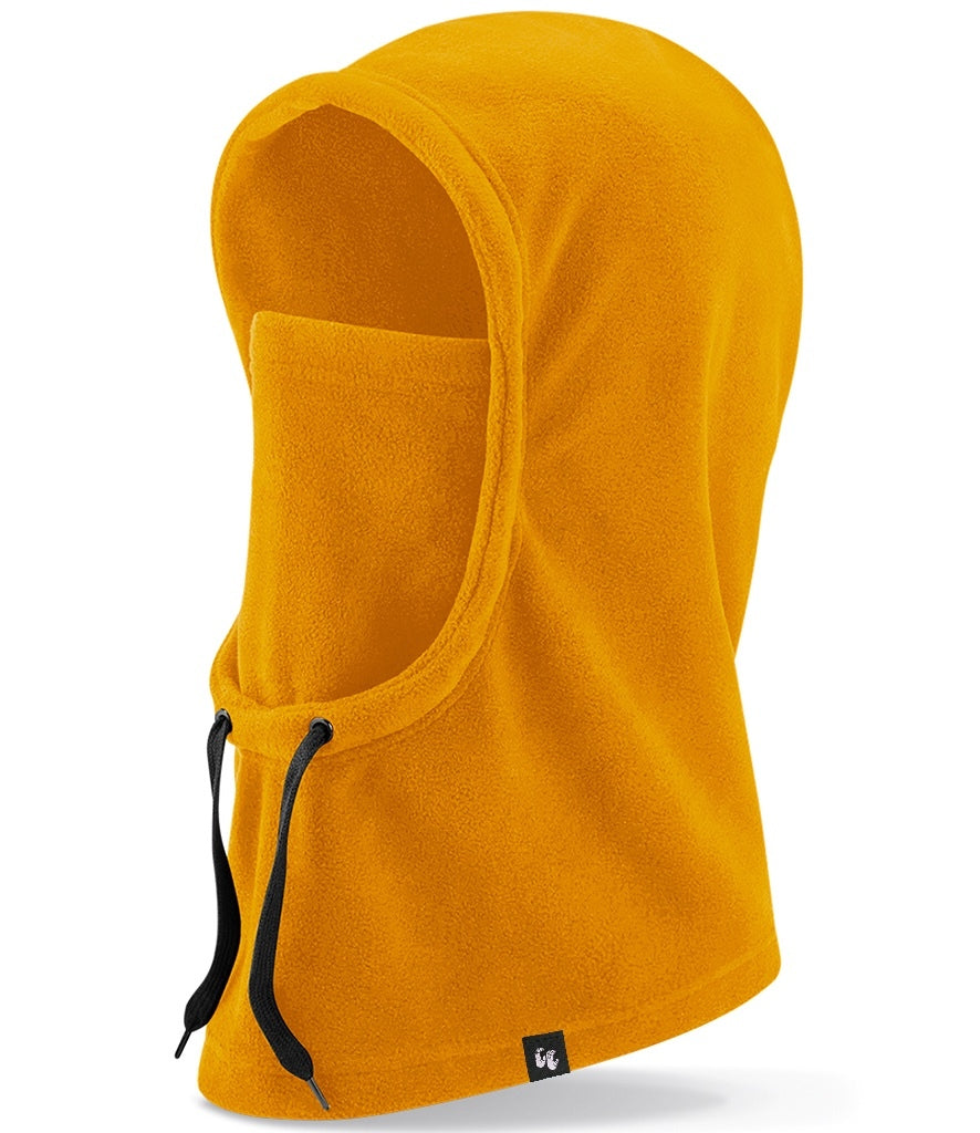 Recycled polyester fleece hooded neck warmer with built in face covering in mustard yellow