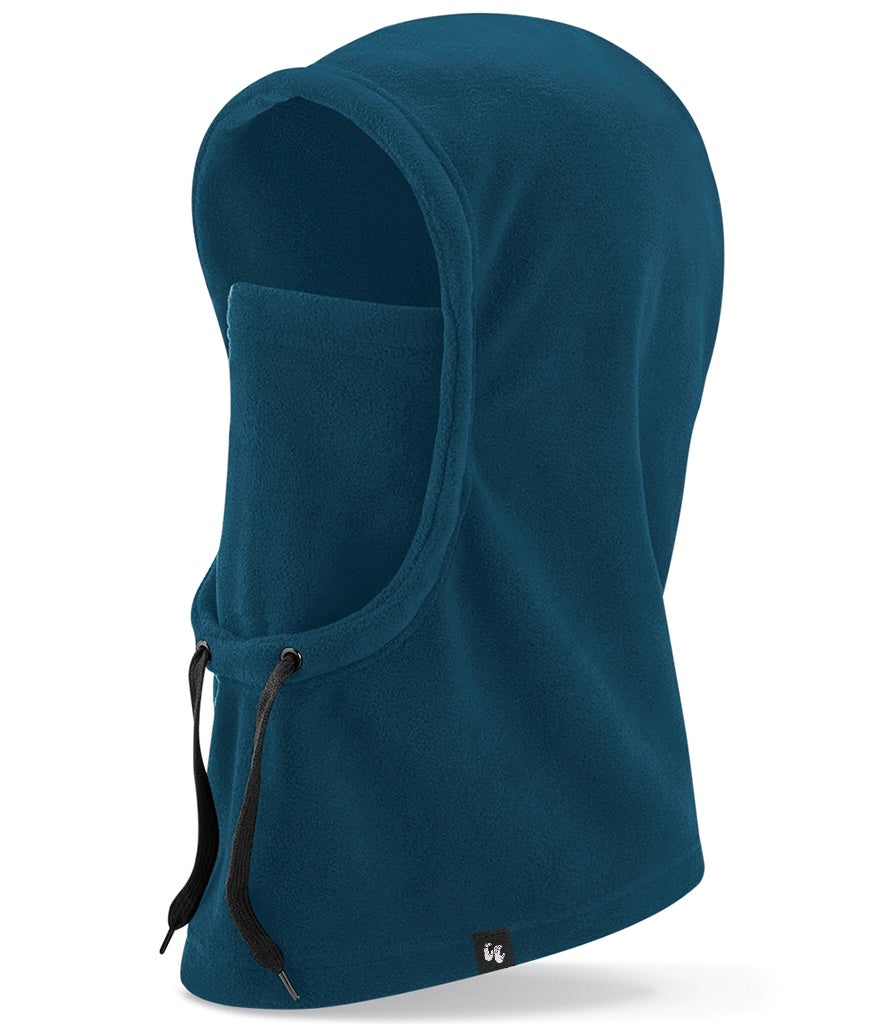 Recycled polyester fleece hooded neck warmer with built in face covering in petrol blue