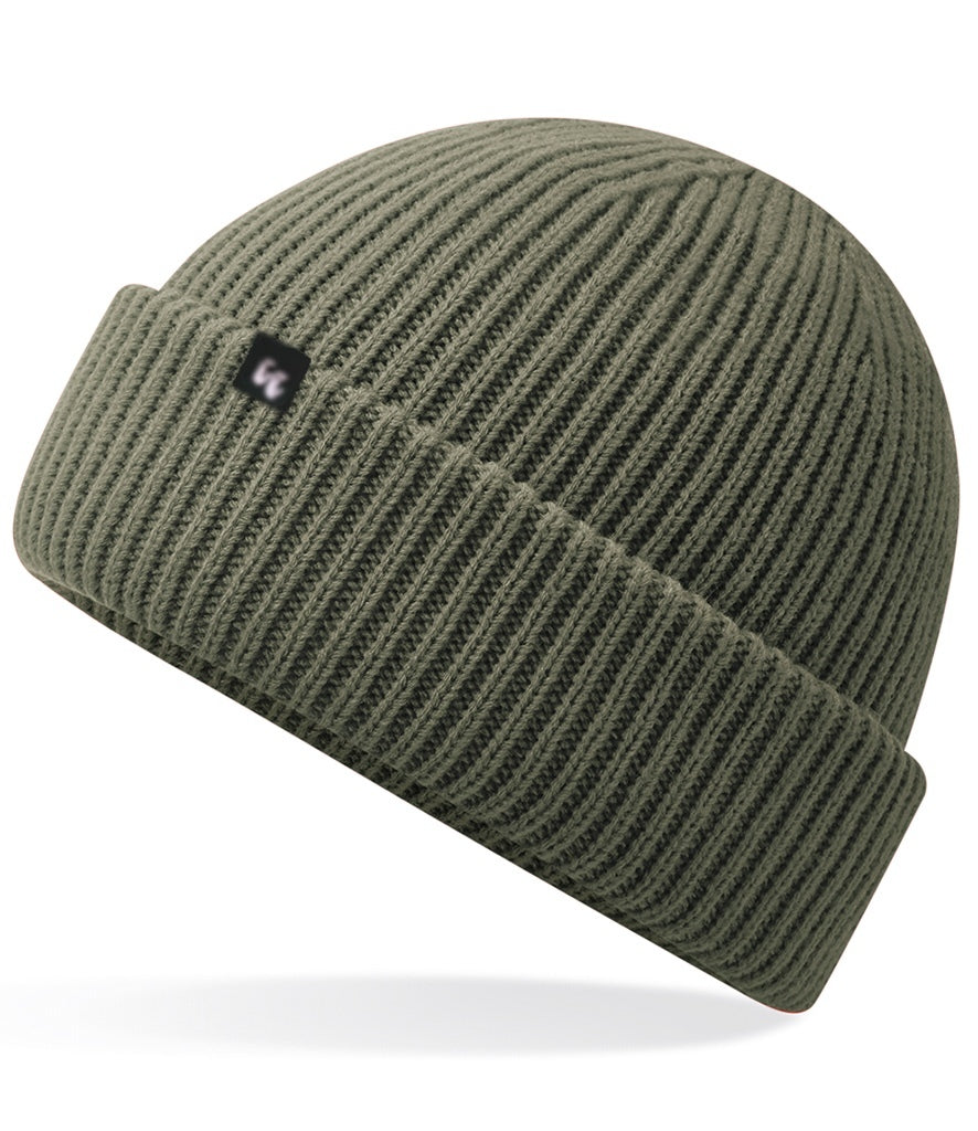Recycled polyester beanie in olive green with a small black fabric tag on the front left-hand side. 