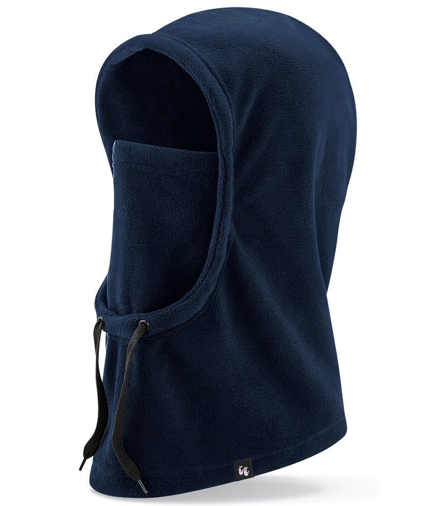Recycled polyester fleece hooded neck warmer with built in face covering in french navy blue